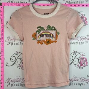 BDG T-shirt BBYDOLL Hawaii rainbows white Pink Ringer Tee with Tropical Patch